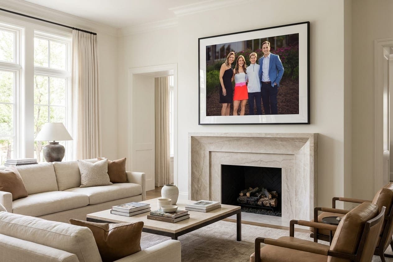 Fine-art family portrait framed as wall art above a fireplace