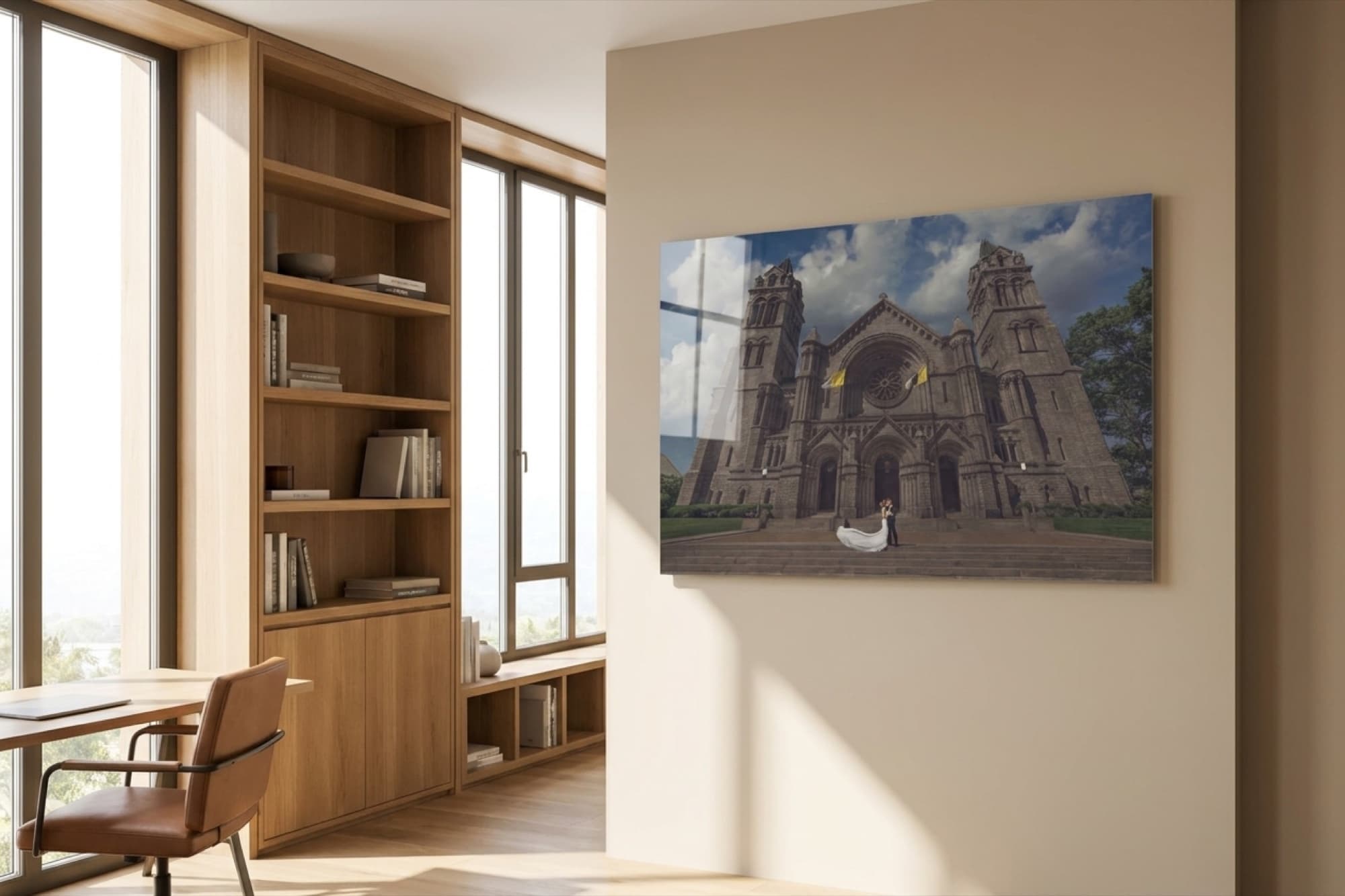 Cathedral Basilica wedding photograph mounted as a high-gloss acrylic print in a bright modern study