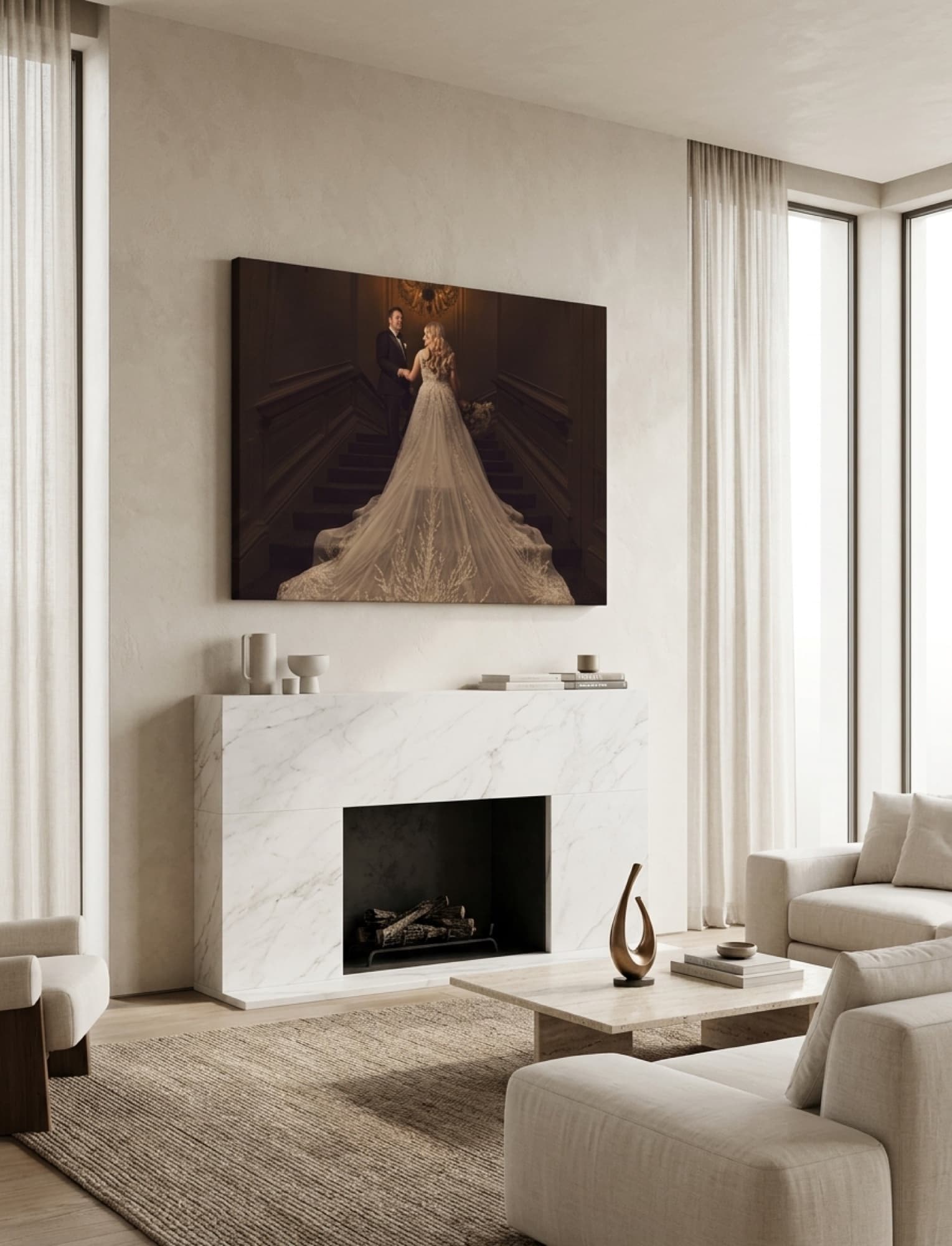 Wedding portrait gallery-wrapped on canvas above a marble fireplace in a bright St. Louis living room