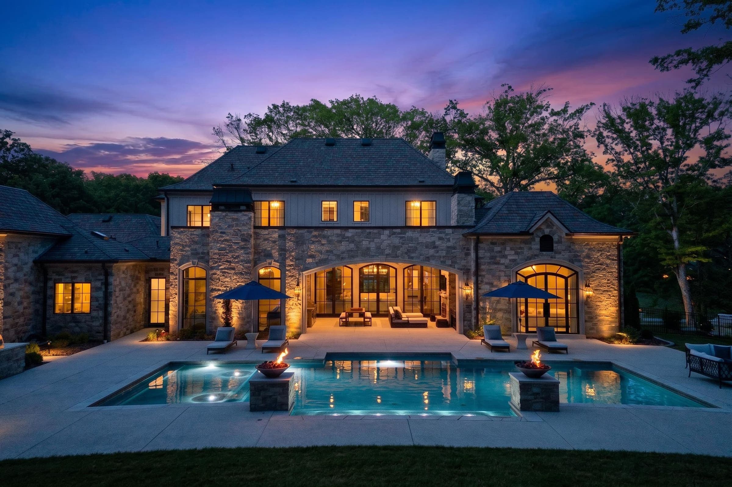 Luxury St. Louis estate pool photographed at twilight by Zach Dalin Photography