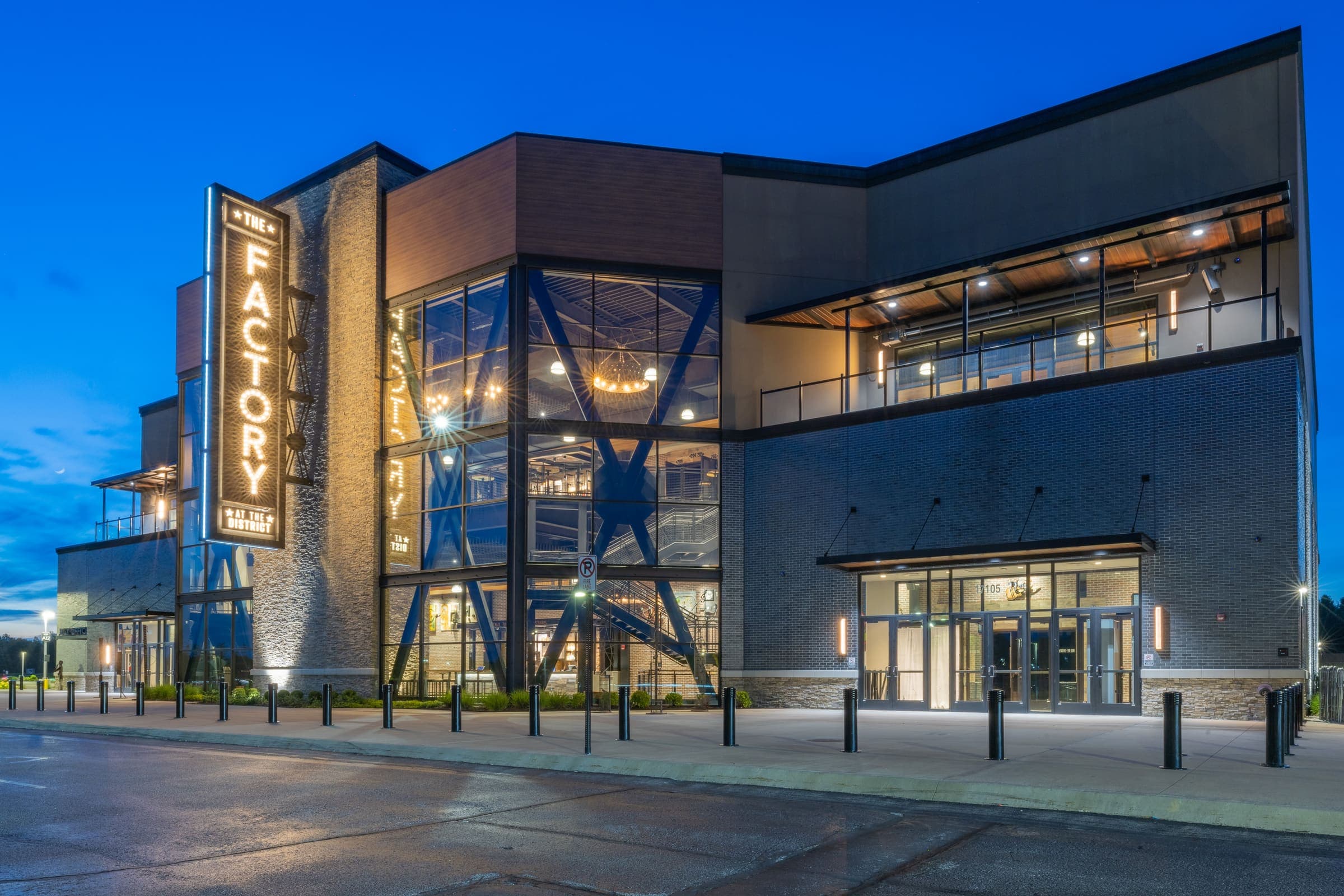 The Factory music venue photographed at blue hour in Chesterfield, Missouri