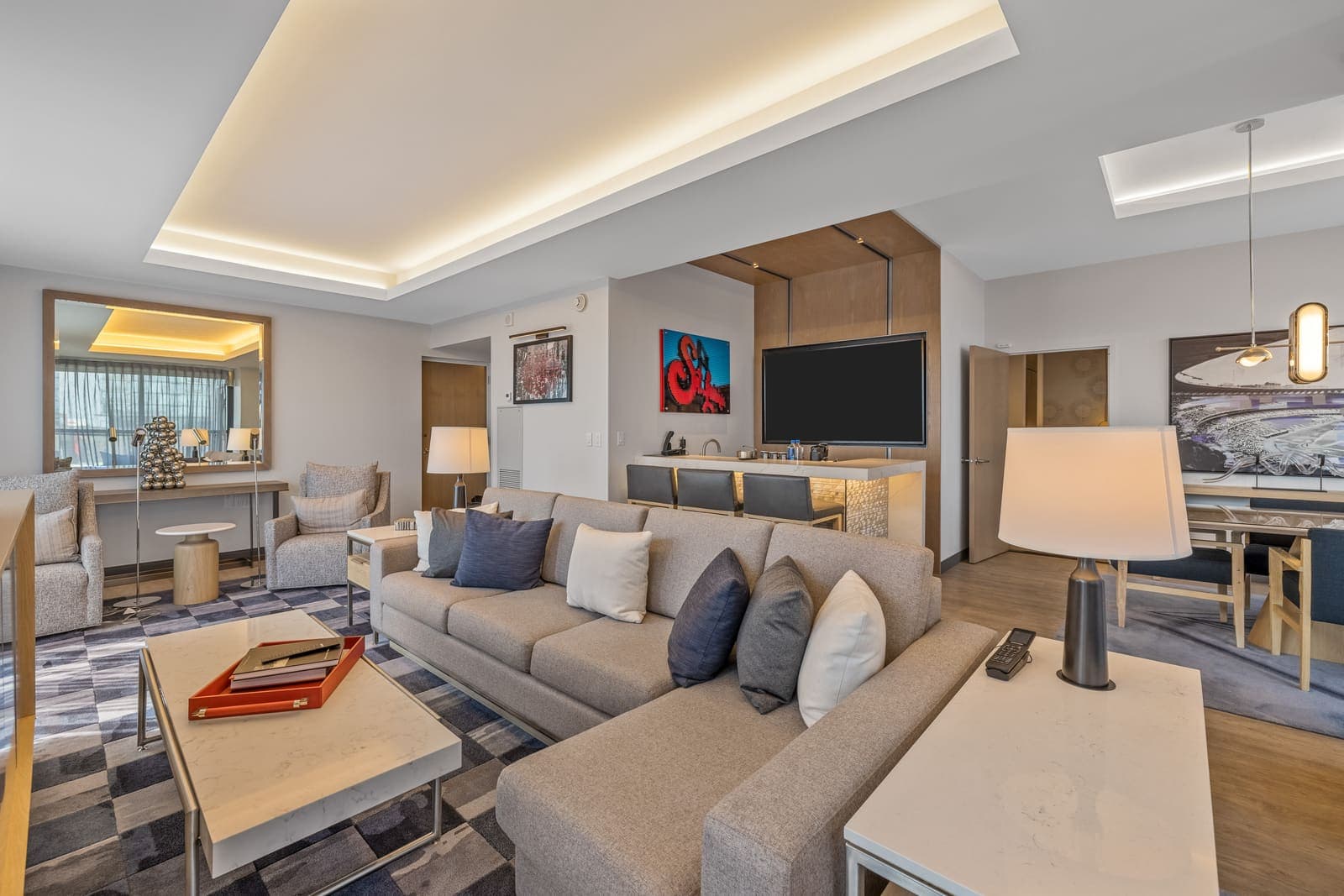 Modern hotel suite photographed for Live by Loews in St. Louis